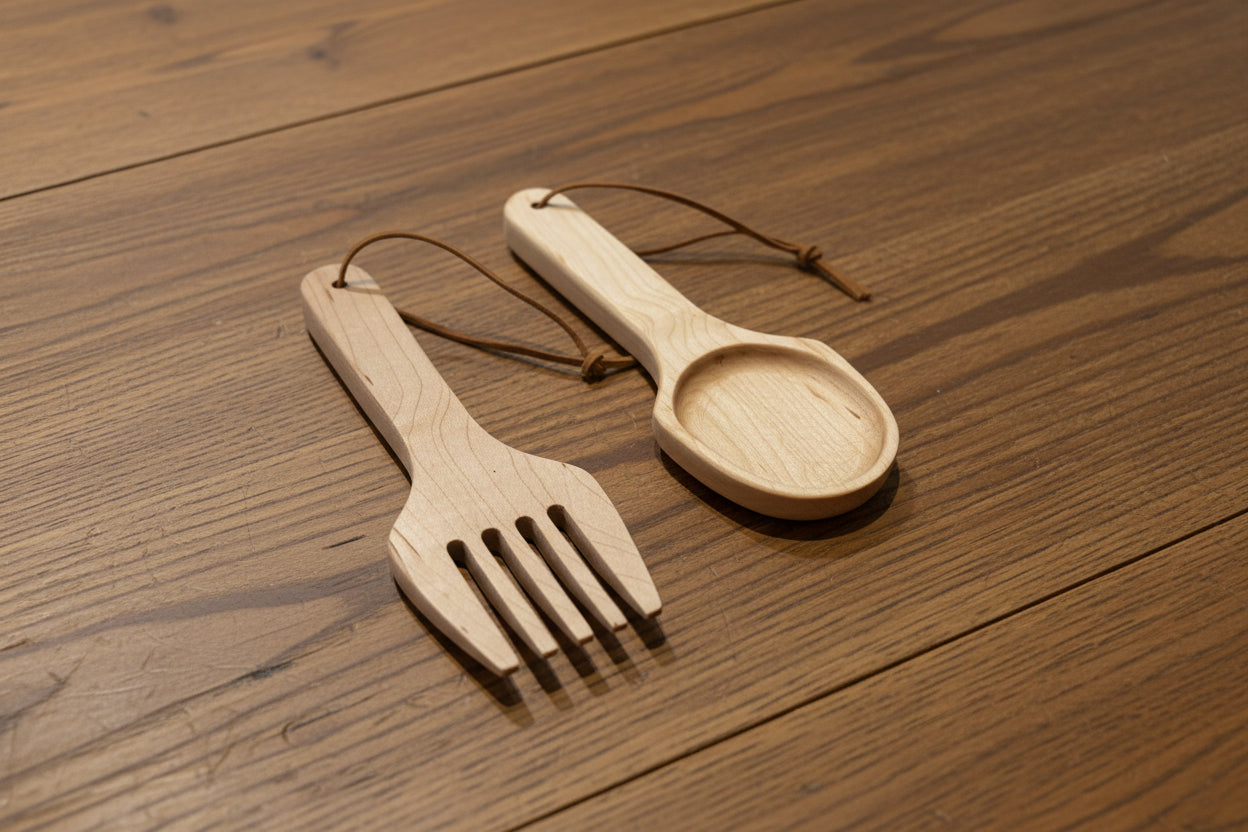 Two small wooden utensils with brown hanging cords, placed on top of printed white sheets. One utensil has a round bowl-like head, and the other has a fork-like head with several tines.