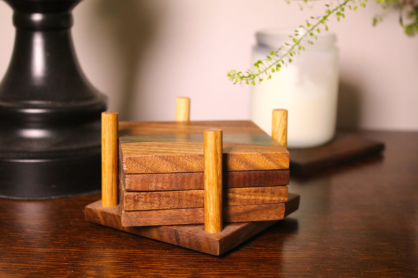 Walnut Coaster Set with Green Highlights (Set of 4)