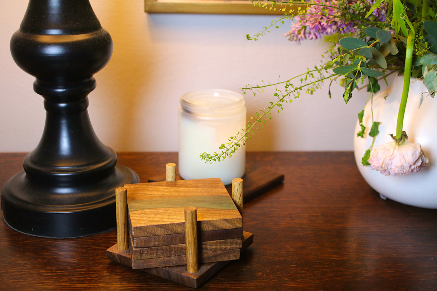 Walnut Coaster Set with Green Highlights (Set of 4)